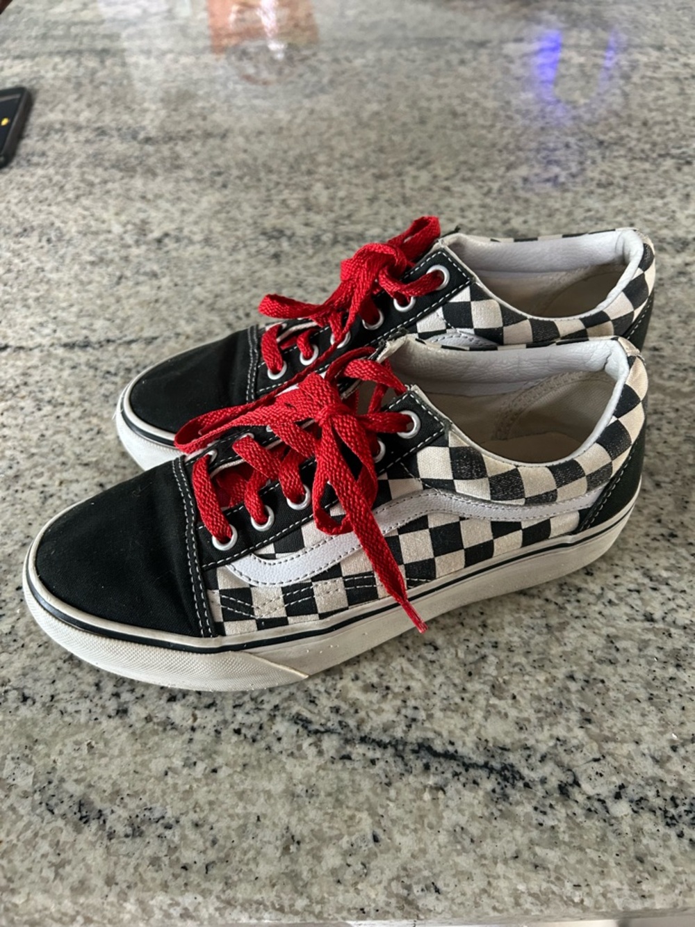Vans Black & White Checkerboard Sneakers with Red Laces